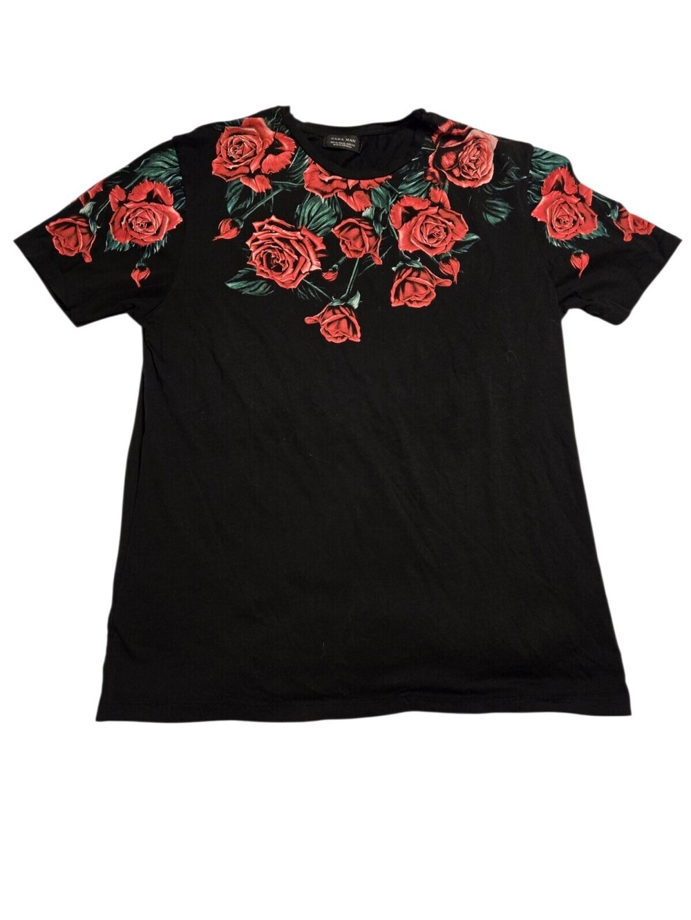 Zara Man Black Crew Neck T-Shirt Red Rose Floral Graphic Print Mens Size XL